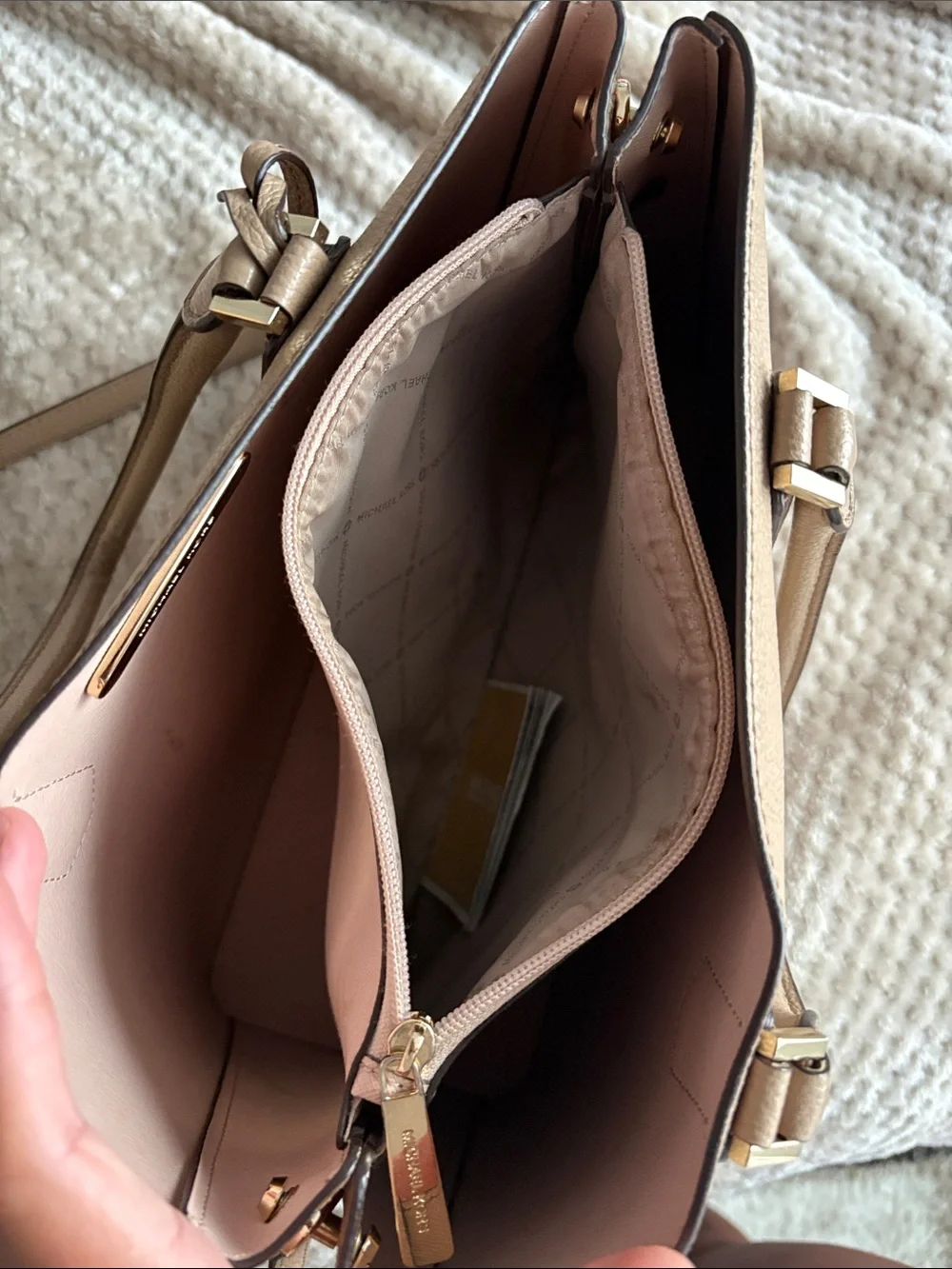 Michael Kors Taupe Pebbled Leather Satchel with Gold Logo